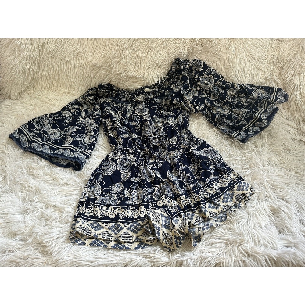 Angie Girls Size L Blue Floral Romper Shorts Long Sleeve Boho Elastic Waist